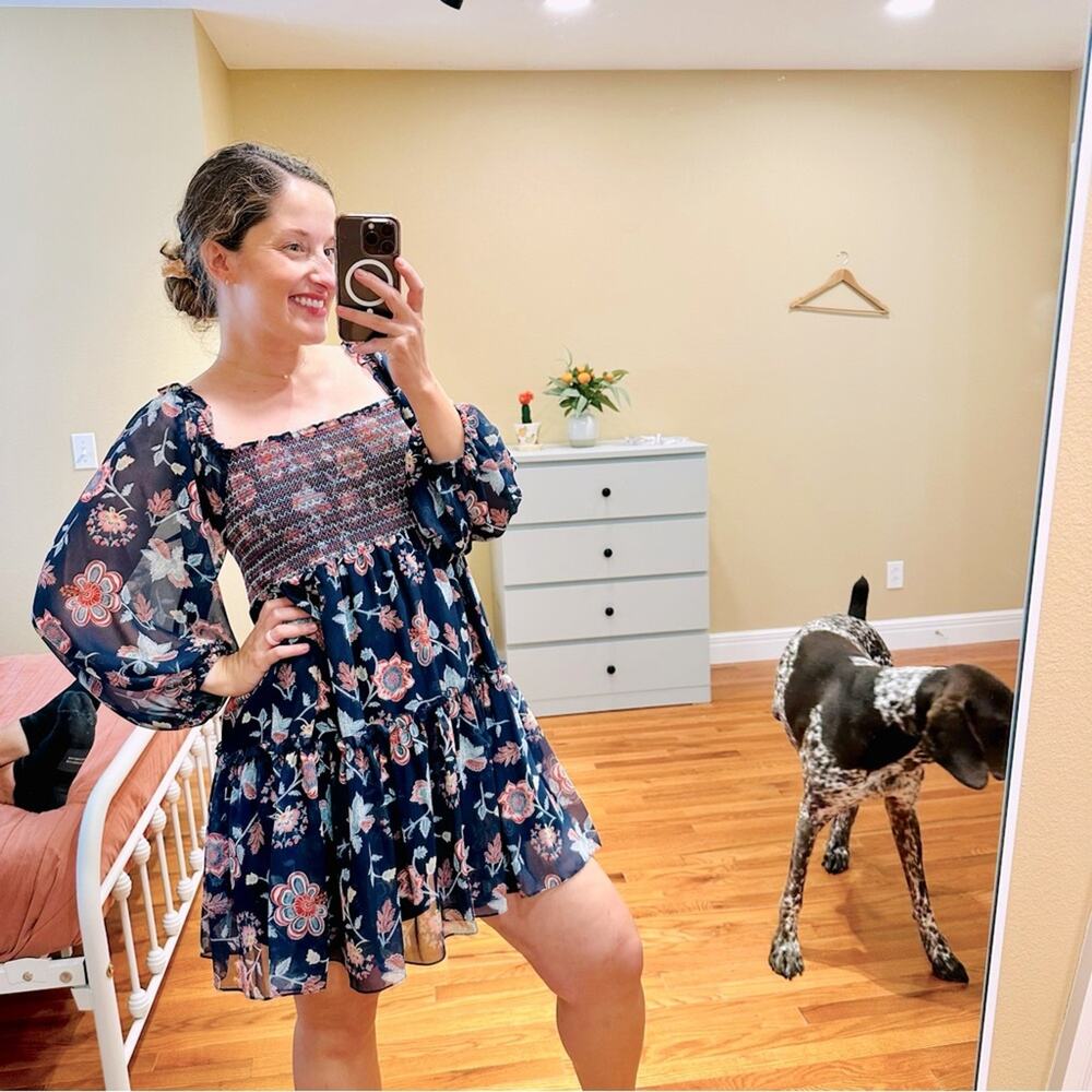 NWT Sachin & Babi Blue Floral Square Neck Smocked Long Sleeve Mini Dress Small